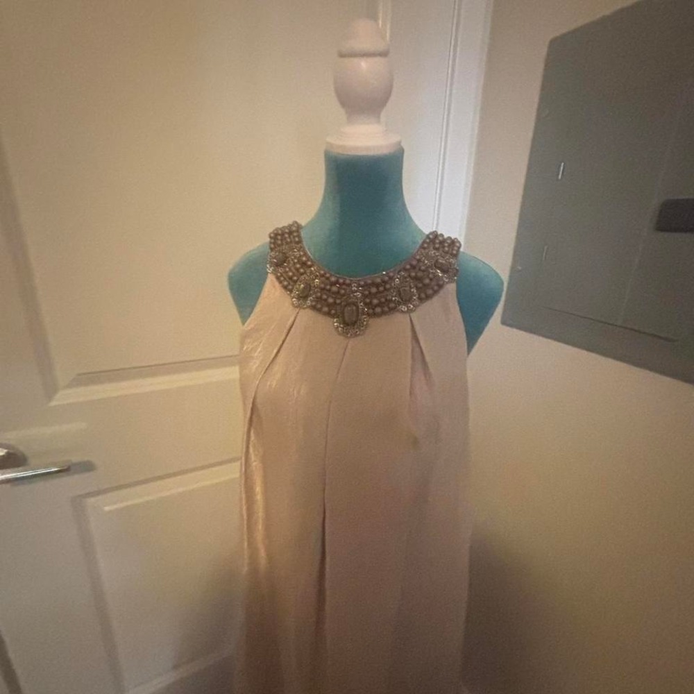 Elegant tan‎ dress beige, satin, evening, embellished neckline dress - Picture 4 of 7